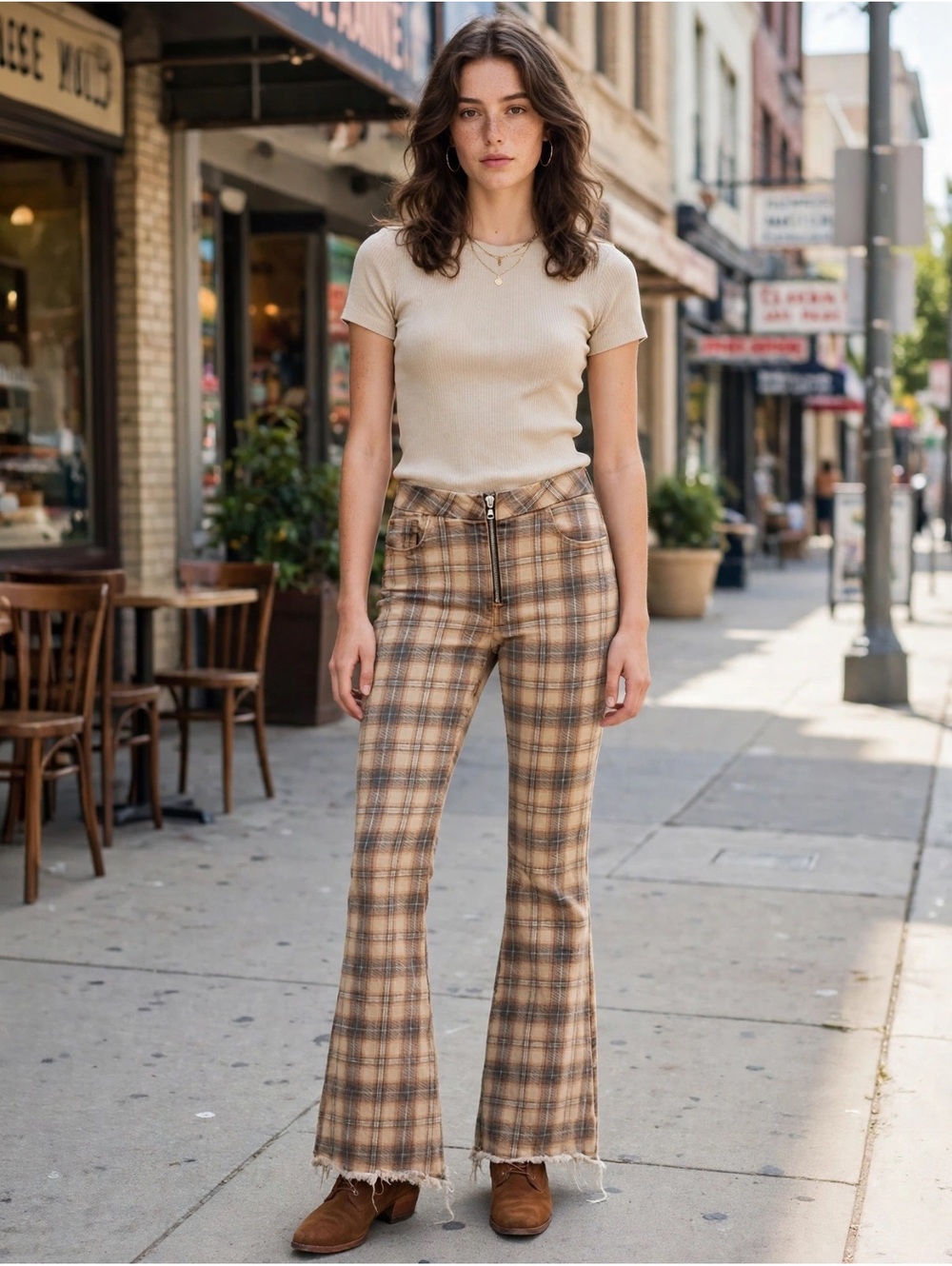 Forever 21 Plaid Flare Pants Brown Tan Exposed Zipper Frayed Hem